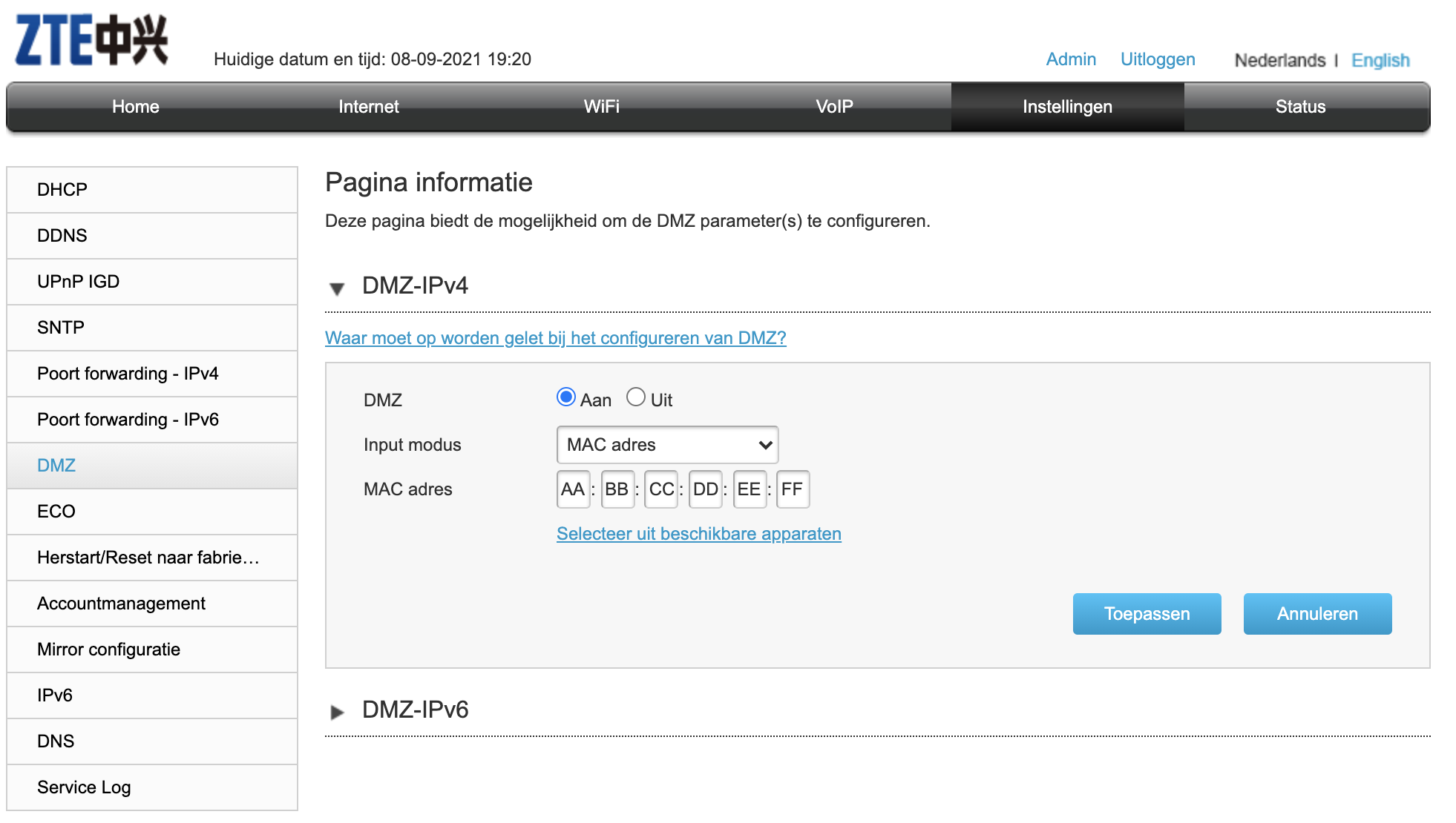 Experiabox V10 DMZ Configuratie
